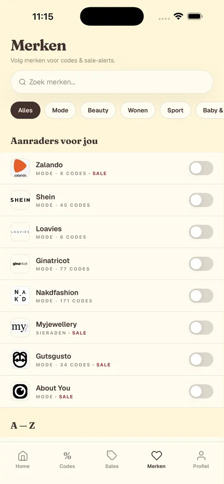 Merken: volg je favoriete winkels voor codes en sale-alerts