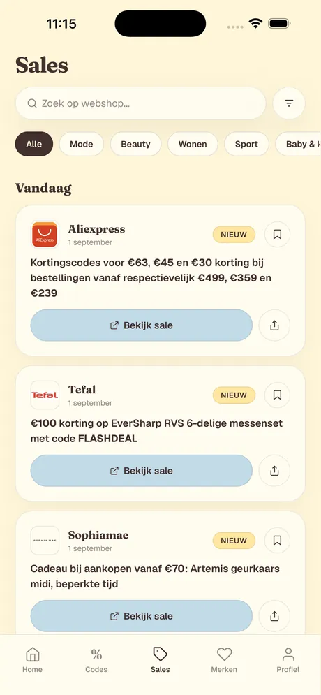 Sales: de sales van vandaag per categorie