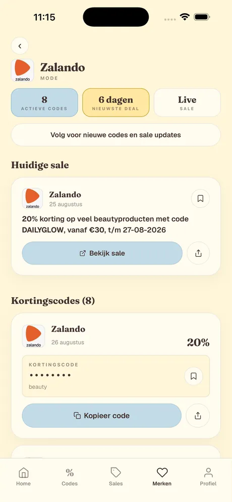 Een winkelpagina met de huidige sale en alle kortingscodes